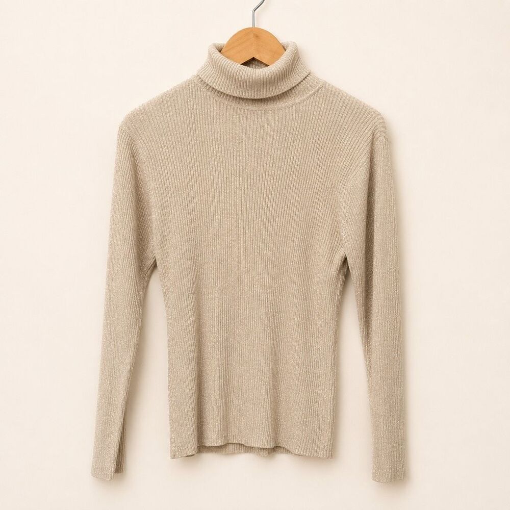 Cache Gold Metallic Silk Blend Ribbed Turtleneck Sweater Size L Y2K
